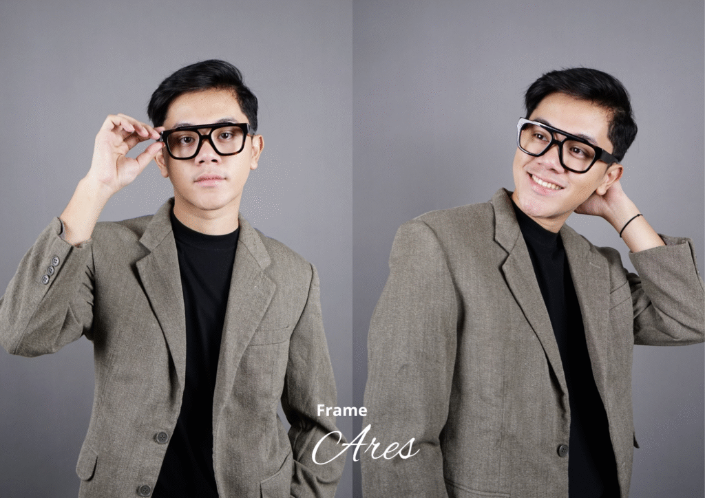 Model memakai kacamata frame Ares dari Djava Optik dengan desain bold dan stylish untuk tampilan modern.