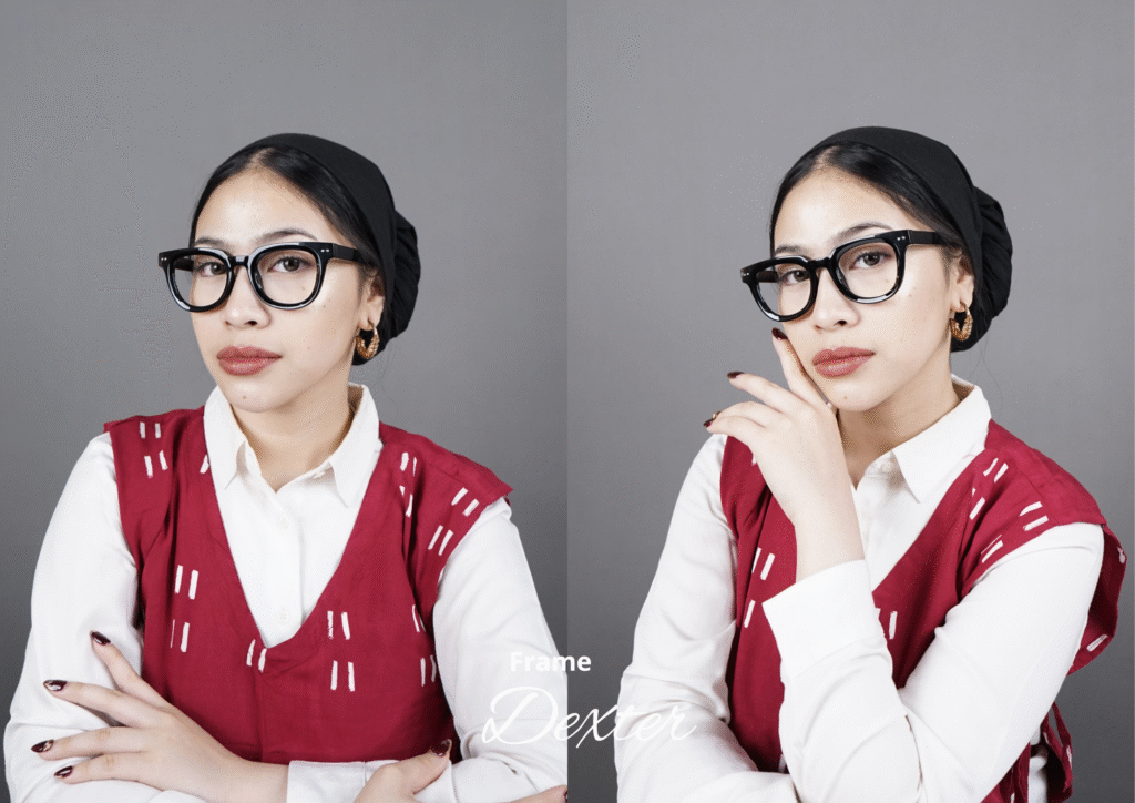 Model memakai kacamata frame Dexter dari Djava Optik dengan desain hitam klasik yang stylish untuk gaya modern.