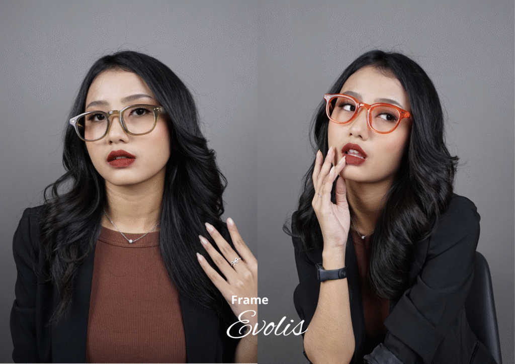 Model memakai kacamata frame tebal Evolis dari Djava Optik dengan desain stylish yang cocok untuk gaya Gen Z.