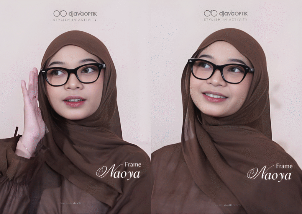 Model memakai kacamata frame tebal Naoya dari Djava Optik dengan desain stylish yang cocok untuk gaya Gen Z.